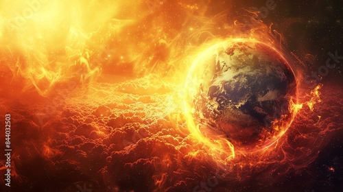 The image shows a planet engulfed in flames. The planet is surrounded by a sea of fire.