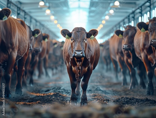 A brown cow walks through the center, surrounded by many cows in an indoor pen
