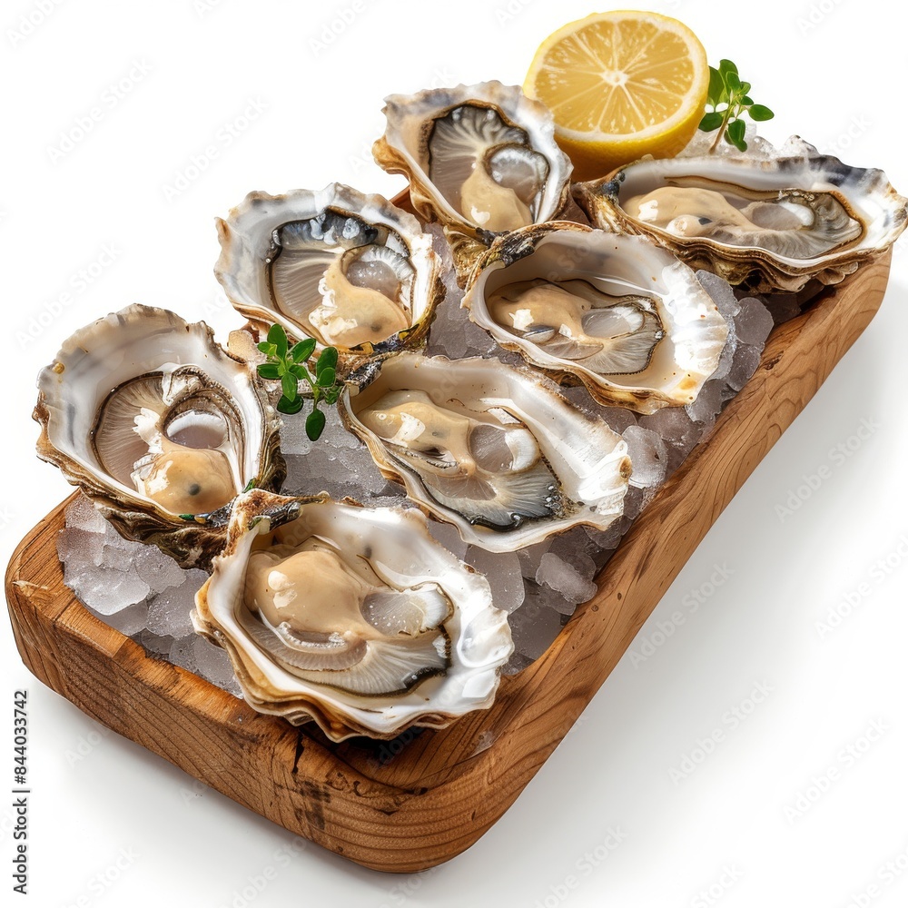 Fresh Oysters on Ice Served on Wooden Tray With Lemon