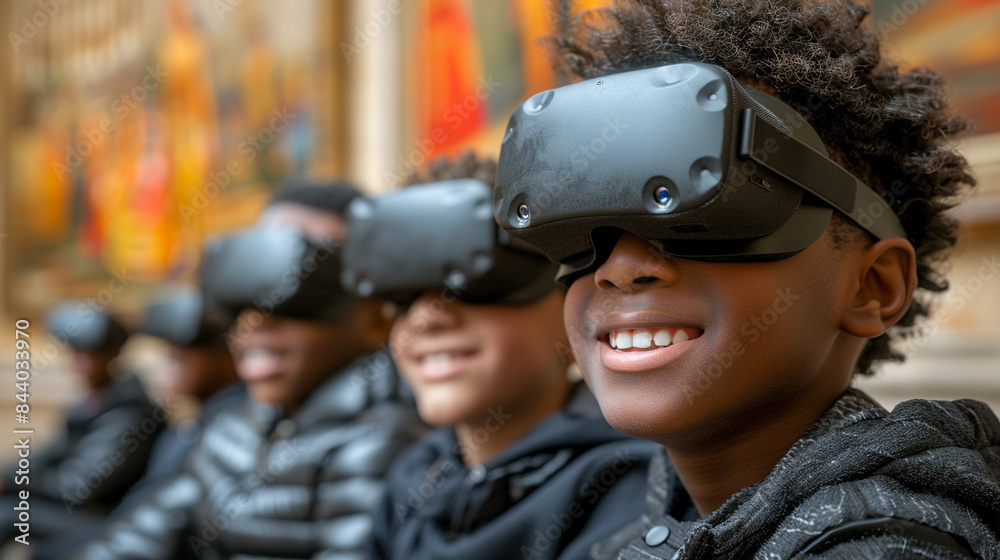 Students in VR headsets taking a virtual tour of a famous museum, viewing artworks and exhibits up close. photo, Futuristic Classroom Students in VR headsets taking a virtual tour of a famous museum, viewing artworks and exhibits up close. photo, Futuristic Classroom