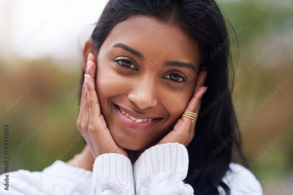 Portrait, smile and Indian girl in park, cute and nature of outdoor, city and relax in weekend. Fashion, eco friendly and confidence for sun, happiness and bokeh in summer, student and person Portrait, smile and Indian girl in park, cute and nature of outdoor, city and relax in weekend. Fashion, eco friendly and confidence for sun, happiness and bokeh in summer, student and person