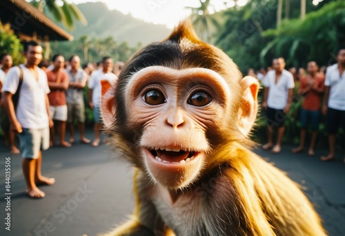 little monkey taking selfies in front of tourists in Bali
 photo