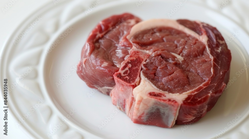 Raw Beef Steak on White Plate With Decorative Edge Raw Beef Steak on White Plate With Decorative Edge