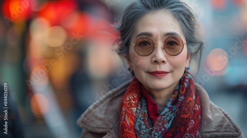 Portrait of an older Asian woman showcasing confidence and fashion sense with her round glasses and elegant scarf
