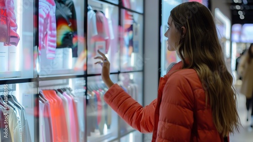 A customer in a fashionable store uses a touchscreen to find and buy clothing from their collection. The interactive screen lets shoppers choose and order clothes on their own.
