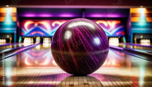 close-up of bowling ball in colorful and fun bowling alley