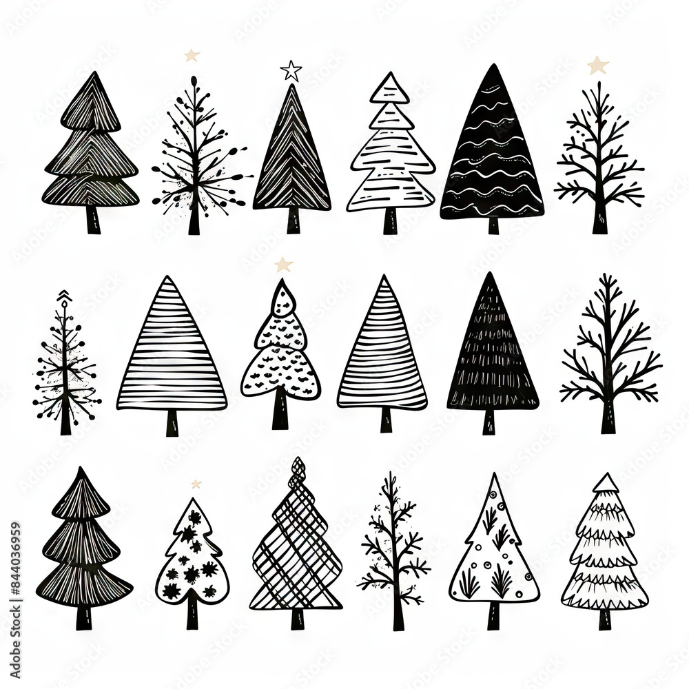 Obraz premium Christmas Tree Sketched Icon Hand Drawn, Xmas Tree Doodle Sketch Graphic Element, New Year Scribble Fir