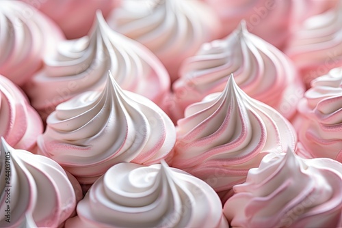 White Pink Meringue Cookies Closeup, Traditional Whisk Merengues, Baked Whisking Cream or Beze photo
