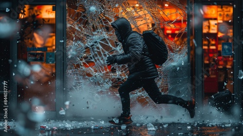 A dynamic and intense moment is frozen in this photo of a person running through a shatter glass, conveying urgency and impact