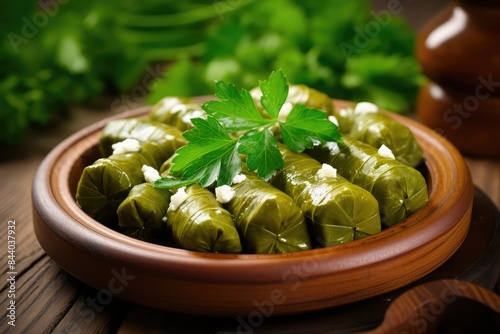 Traditional Turkish Dolma, Sarma or Dolmades on Wooden Plate, Mediterranean Dish Dolmadakia photo