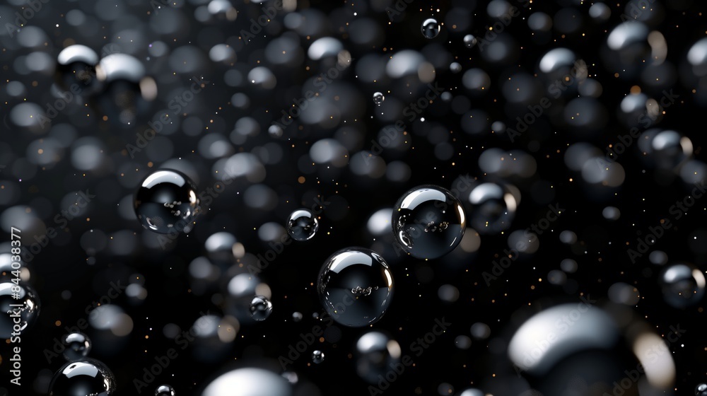 A black background with floating spheres of silver particles floating around. A black background with floating spheres of silver particles floating around.