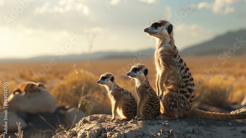 Three meerkats standing on a rock in the desert looking out at the sunset.
