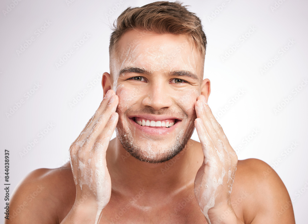 Man, skincare and cosmetic scrub for hygiene, anti aging and hydration for dermatology or wellness. Male person, beauty and results for face, cosmetology for self care in studio backdrop as routine Man, skincare and cosmetic scrub for hygiene, anti aging and hydration for dermatology or wellness. Male person, beauty and results for face, cosmetology for self care in studio backdrop as routine