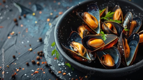 Steamed mussels seasoned with salt and pepper in a bowl photo