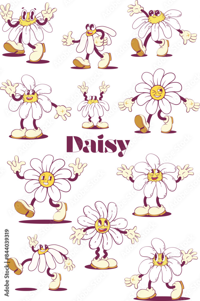 Retro groovy daisy flowers mascot characters Retro groovy daisy flowers mascot characters