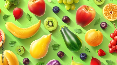 A variety of fruits and vegetables are arranged on a green background. The fruits include apples  grapes  bananas  pears  and oranges.