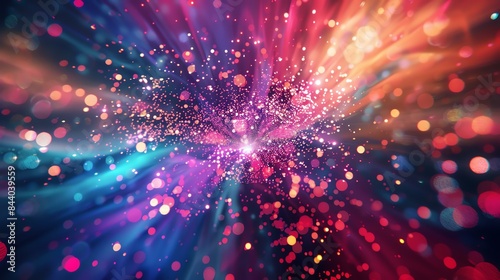 Colorful abstract background with glowing particles.