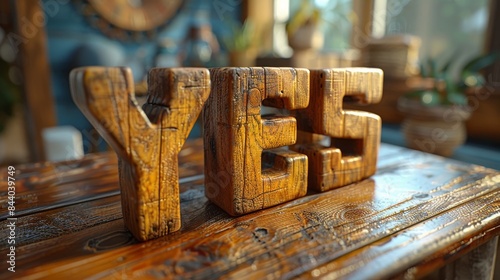 Wooden letters spelling yes are standing on a table