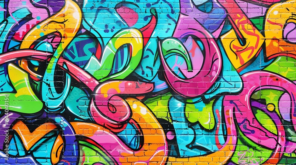 A colorful graffiti mural covers a brick wall. The graffiti is made up of various bright colors and abstract shapes.