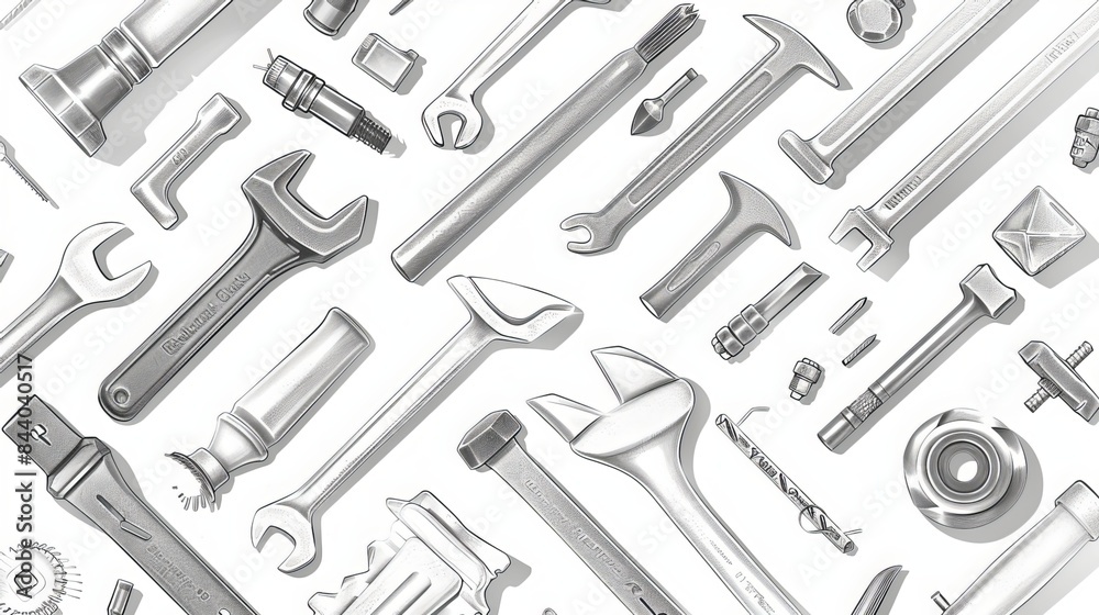 Top view illustration of monochrome construction tools for repair and installation on a white background. Top view illustration of monochrome construction tools for repair and installation on a white background.