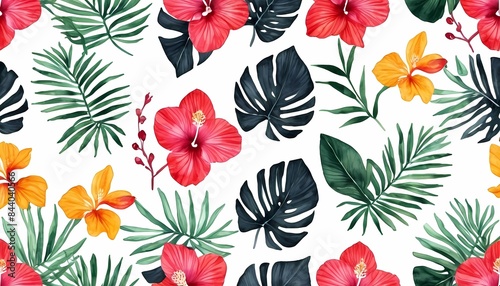 Watercolor orchid hibiscus, monstera leaves generative AI illustration 