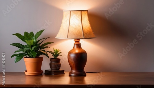 A vintage wooden desk lamp on table with copy space for text. The lamp is made of wood, a vase and a potted plant on blurry background created with generative ai