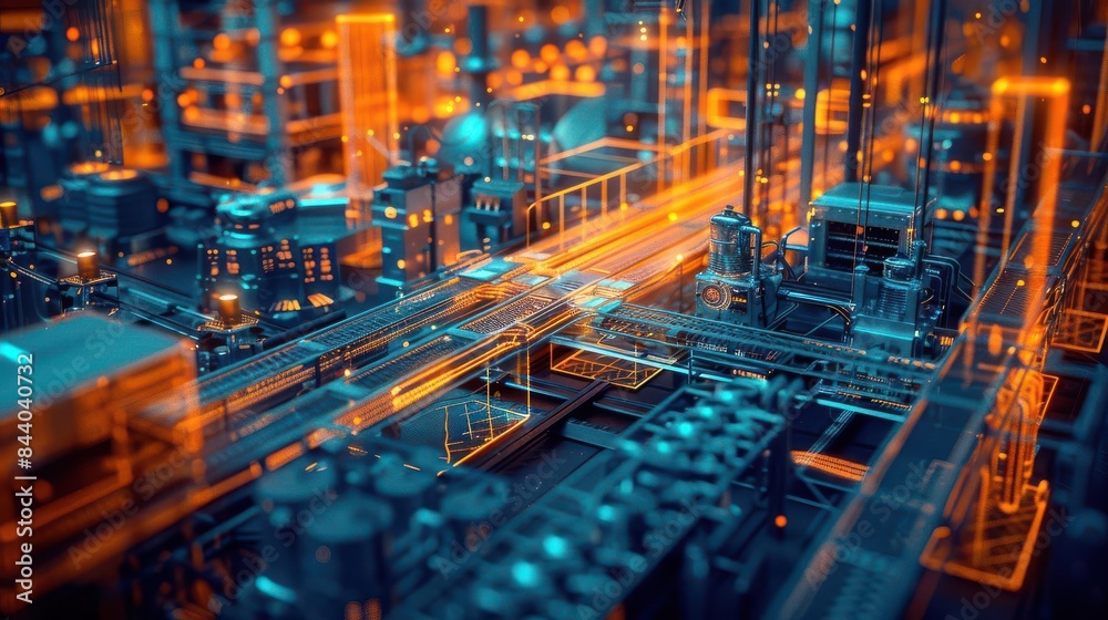 A detailed rendering of an automated factory featuring advanced digital systems A detailed rendering of an automated factory featuring advanced digital systems