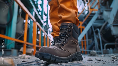 Worker wearing protective shoes at a construction site, showcasing working safety boots for protection against accidents in a factory