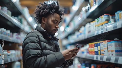 A black man is standing in the pharmacy store