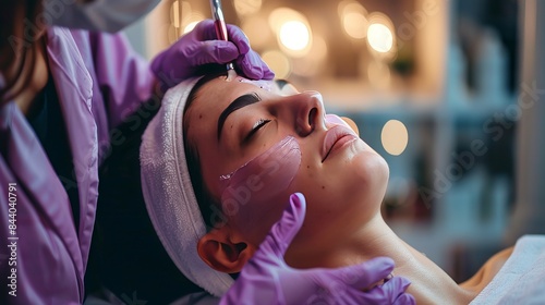 A woman gets a facial using a dermaplaning technique in a beauty salon. photo