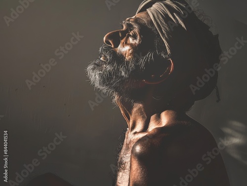 Man dark skin wearing skinny old man with beard, full body short, old dresses and turban 