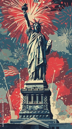 Illustration of the Statue of Liberty illuminated by a vibrant fireworks display