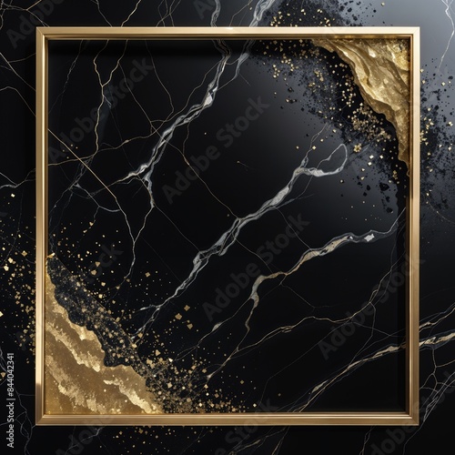 Luxurious, modern, empty frame in gold color, on a black marble background.