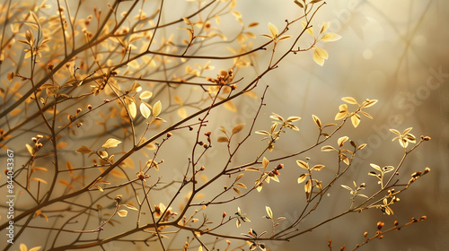 Delicate branches with golden leaves casting soft, intricate shadows on a muted, sunlit background