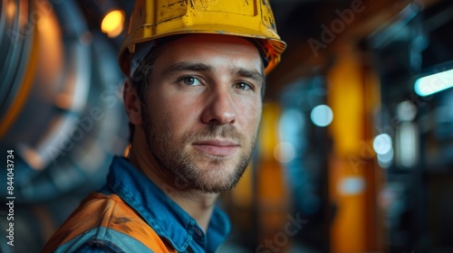 A young male worker with helmet and safety glasses posing inside a machinery-filled industrial setting