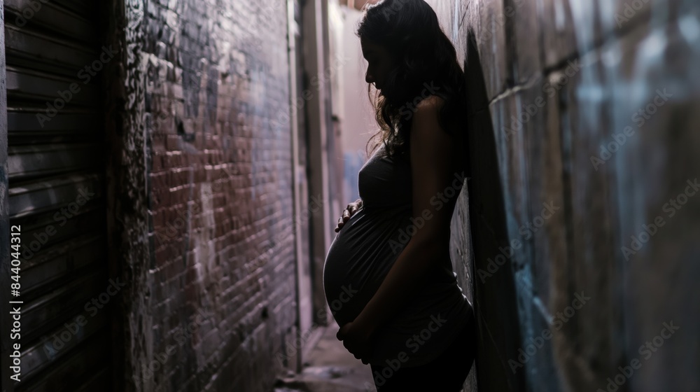 Naklejka premium Pregnant woman alone in a dark alley; abortion / women's rights concept