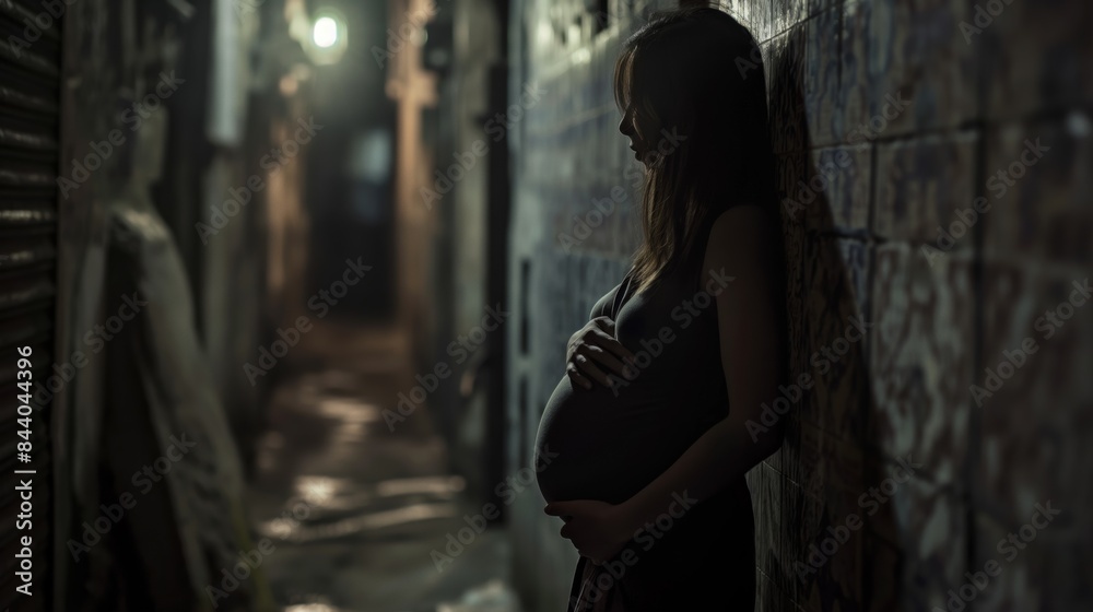 Naklejka premium Pregnant woman alone in a dark alley; abortion / women's rights concept