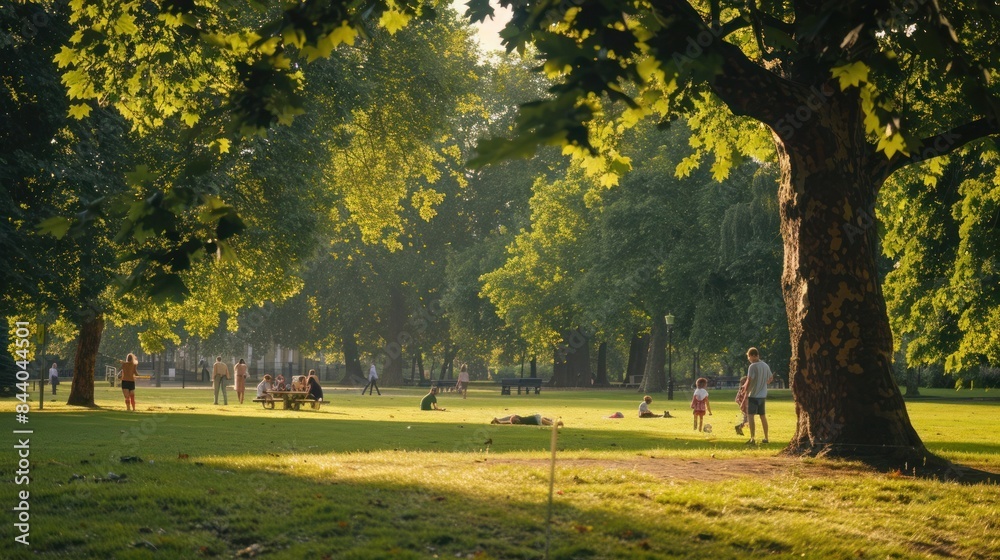 Fototapeta premium Sunlit park with lush green trees, people relaxing and walking in the distance, creating a tranquil and serene atmosphere
