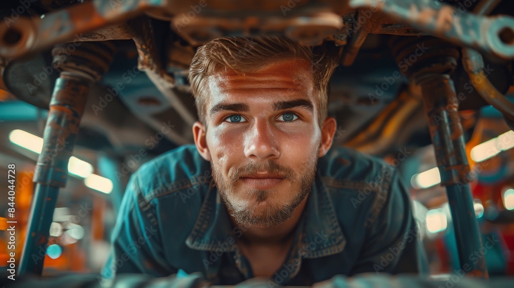 A mechanic with a contemplative expression working underneath a vehicle in a professional workshop A mechanic with a contemplative expression working underneath a vehicle in a professional workshop