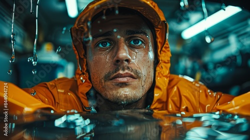 A gritty portrait of a man submerged in water wearing a yellow raincoat with water droplets