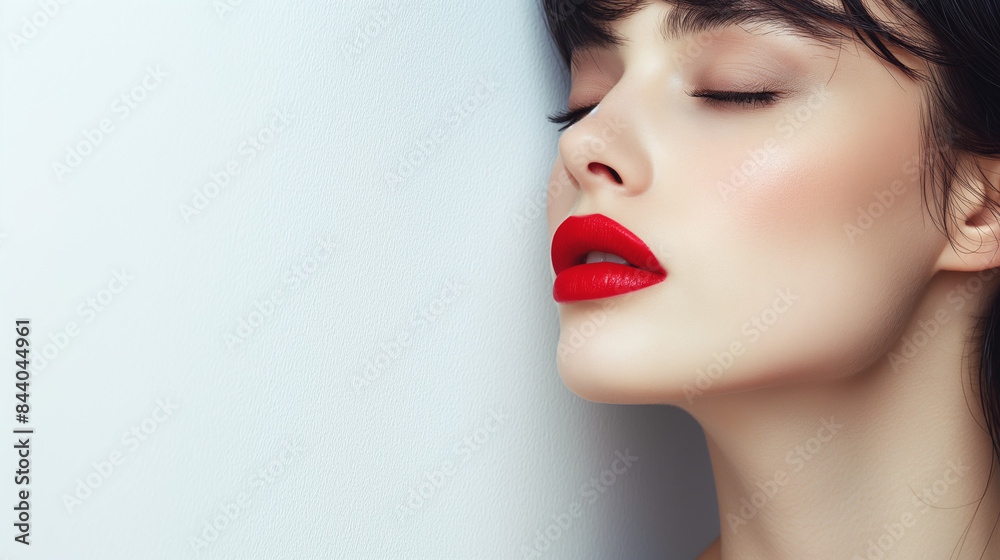 Woman with closed eyes and bright red lips against a white background. Elegant and minimalistic portrait highlighting beauty Woman with closed eyes and bright red lips against a white background. Elegant and minimalistic portrait highlighting beauty