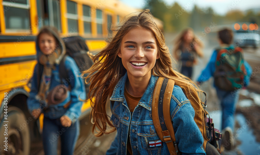 Happy Teen Students in Denim Jackets Running Out of School Bus on a Sunny Day, Expressing Freedom and Joy after School