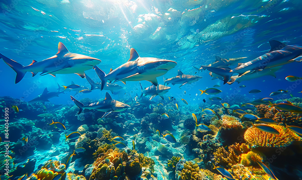 Underwater Scene of Multiple Sharks Swimming in Coral Reef with Colorful Fishes, Vibrant Marine Life, and Sunlit Water Underwater Scene of Multiple Sharks Swimming in Coral Reef with Colorful Fishes, Vibrant Marine Life, and Sunlit Water