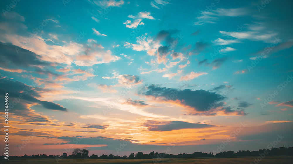 Obraz premium Vibrant Sunset with Colorful Clouds Over Fields