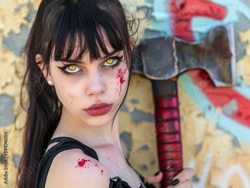 Gothic lola, black hair, bangs, short hair, hair buns, green eyes, black mascara, black lipstick, black blouse, black mini skirt, ruffles, white shoulder blades