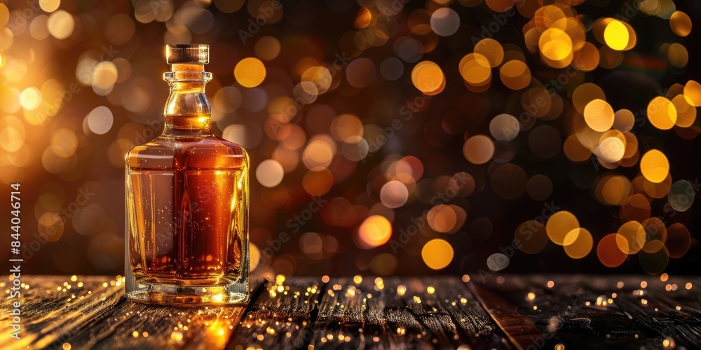 Scotch whiskey or brandy bottle, alcohol drink isolated on the table with luxury golden background and copy space Scotch whiskey or brandy bottle, alcohol drink isolated on the table with luxury golden background and copy space
