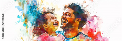 Child laughing with father, vibrant watercolor, joyful family moment, white background, heartwarming Father's Day card design.
