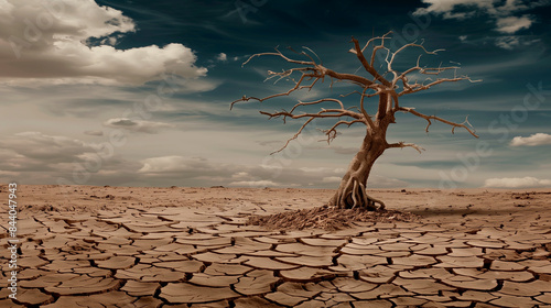 Conceptual art of climate change dry tree and cracked earth due to climate change
