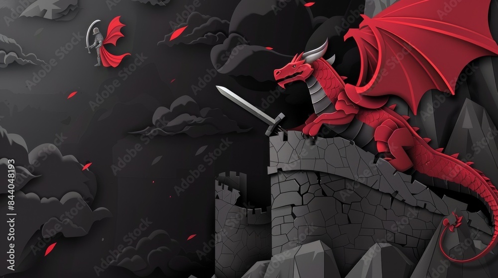 red paper dragon with large wings perches atop a stone tower, while a small paper knight flies above, sword in hand. The scene is set against a backdrop of dark clouds. red paper dragon with large wings perches atop a stone tower, while a small paper knight flies above, sword in hand. The scene is set against a backdrop of dark clouds.