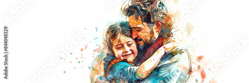 Dad and child in loving hug, bright watercolor illustration, happy family image, beautiful Father's Day card design, white background.